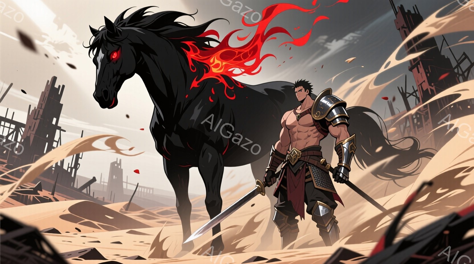 荒廃した風景の中に、逞しい肉体を持つ男性が立っている。彼は肩と腕に鎧を身につけ、赤い腰布と黒いズボンを着用し、腰には剣を携えている。黒い鬣が炎のように燃え盛る黒い馬が彼の後ろにそびえ立ち、背景には焼け野原と崩れかけた建物が広がり、全体的に激戦の後の荒涼とした雰囲気を醸し出している。