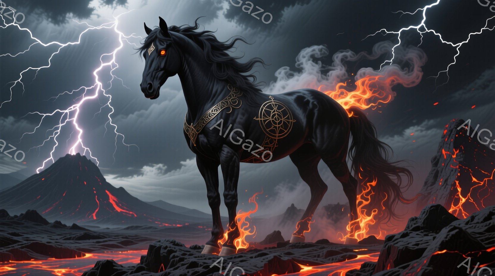 黒い馬が、燃え盛る溶岩と火山を背景に、雷雨の中、堂々と立っている。馬の体には複雑な模様が刻まれ、尻尾と脚の一部が炎のように燃え上がっている。全体的に、激しく、神秘的で、力強い雰囲気を醸し出している。