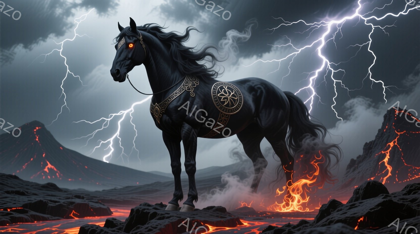 黒い馬が溶岩と火山に囲まれた荒涼とした風景の中に立っている。馬は装飾されたハーネスを身に着け、その目は不気味な赤い光を放ち、まるで生きている炎のようである。背景には雷が轟き、煙が立ち込め、全体的に強烈で不吉な雰囲気を醸し出している。