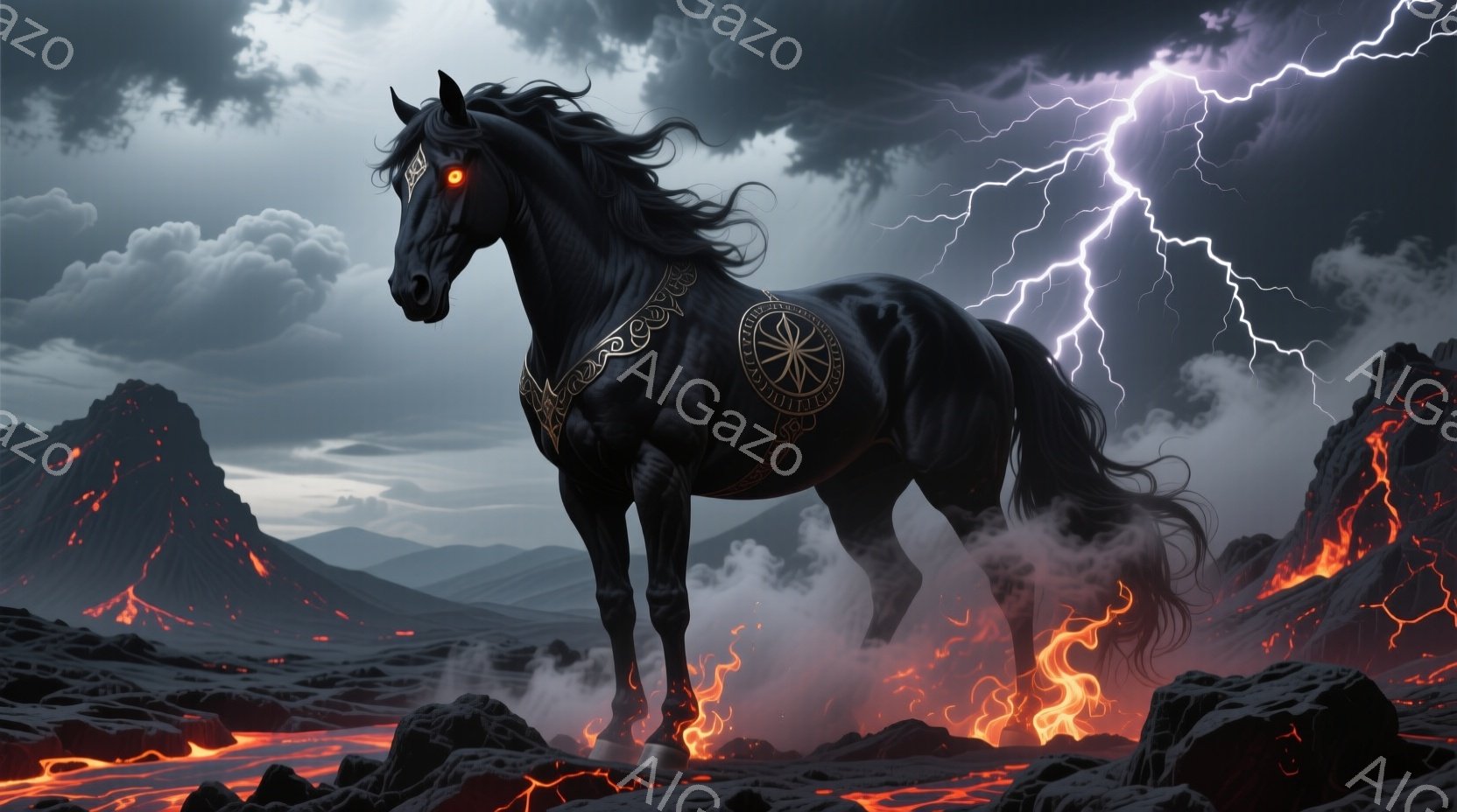 黒い馬が、燃え盛る溶岩と荒涼とした岩山を背景に、力強く立ち尽くしている。馬の毛並みは黒く光り、体には複雑な模様が刻まれており、赤い瞳が鋭い輝きを放っている。空は暗雲に覆われ雷光が走り、馬の周囲には煙が立ち込めていることから、荒々しくも神秘的な雰囲気が漂っている。