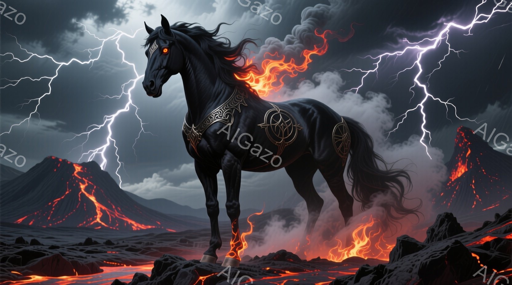 黒い馬が、燃え盛る溶岩と火山を背景に、力強く立っている。馬のたてがみと尾は炎のように燃え上がり、体に複雑な模様が刻まれている。雷が空を切り裂き、馬の周囲にドラマチックな雰囲気を生み出している。