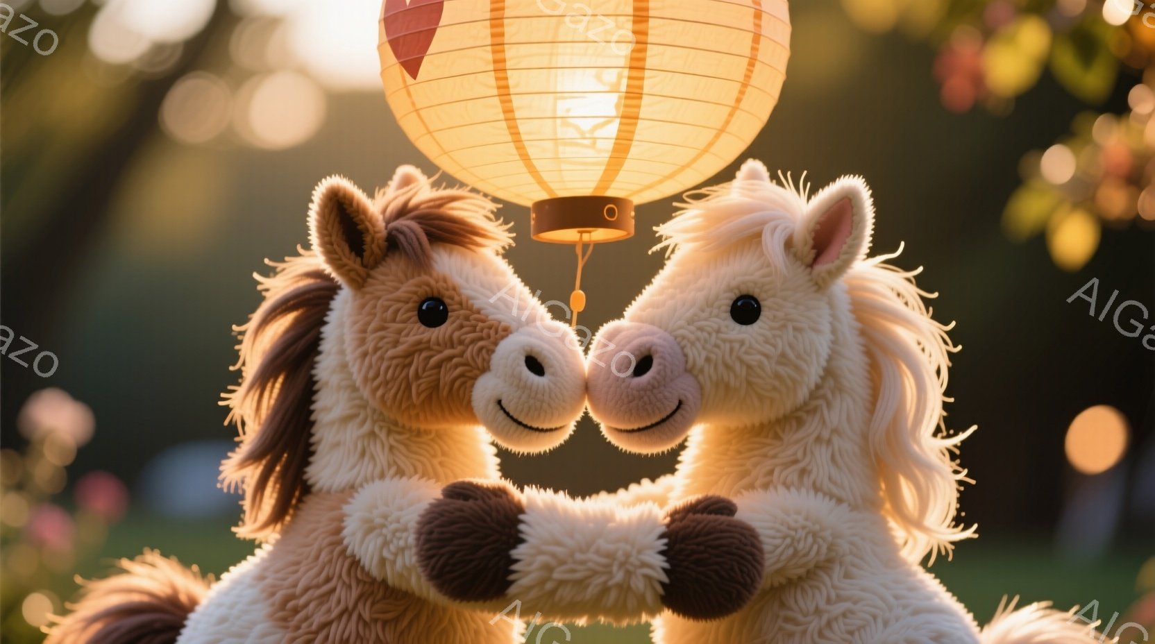 2匹のふわふわした茶色の馬のぬいぐるみは、鼻先同士を合わせて寄り添っています。彼らは茶色のミトン型の靴手袋をはめており、柔らかい茶色のたてがみが特徴的です。背景には緑の草地とぼやけた木々が見え、頭上に - AI生成フリー素材