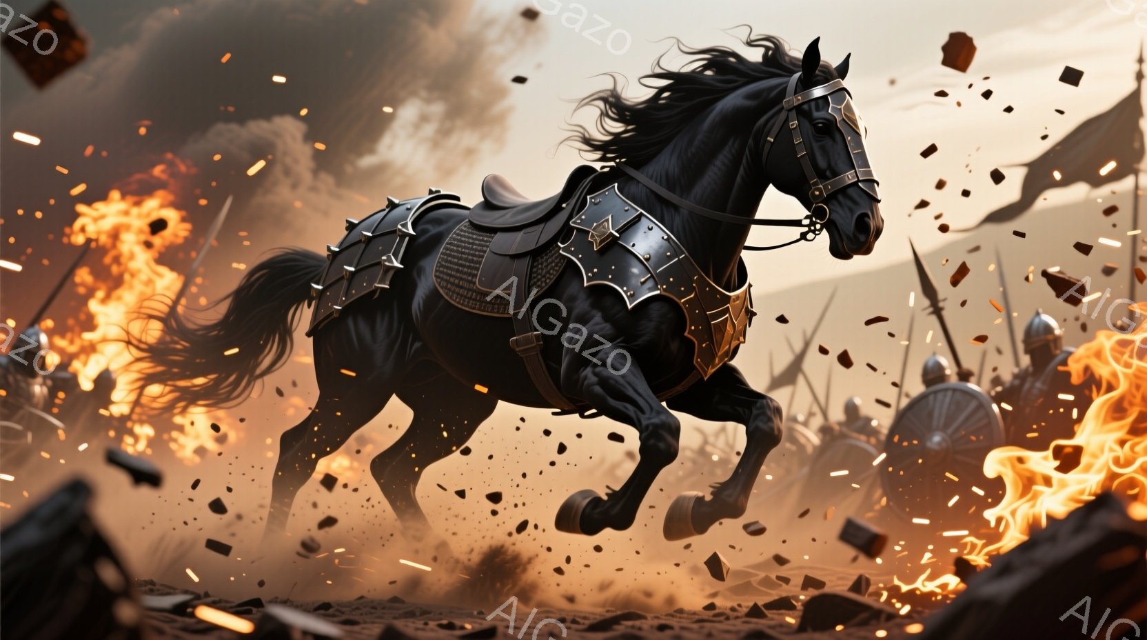 黒い軍馬が荒野を疾走しており、体には精巧な装甲が施されている。背景には炎が立ち上り、砕けた瓦や破片が舞い上がり、激しい戦闘の様子が伺える。全体的に、戦場を駆け抜ける勇ましい軍馬の迫力と臨場感が伝わる、ダイナミックな雰囲気である。