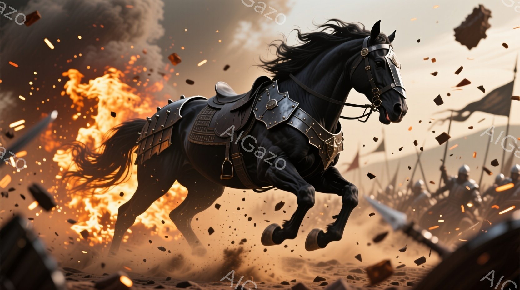 黒い馬が激しい戦闘の中を疾走している。馬は複雑な装飾の鎧を身につけ、その姿勢は力強く、まるで戦場を駆け抜ける武士のようである。背景には炎が立ち上り、多くの兵士たちが密集しており、激しい戦いの最中である - AI生成フリー素材