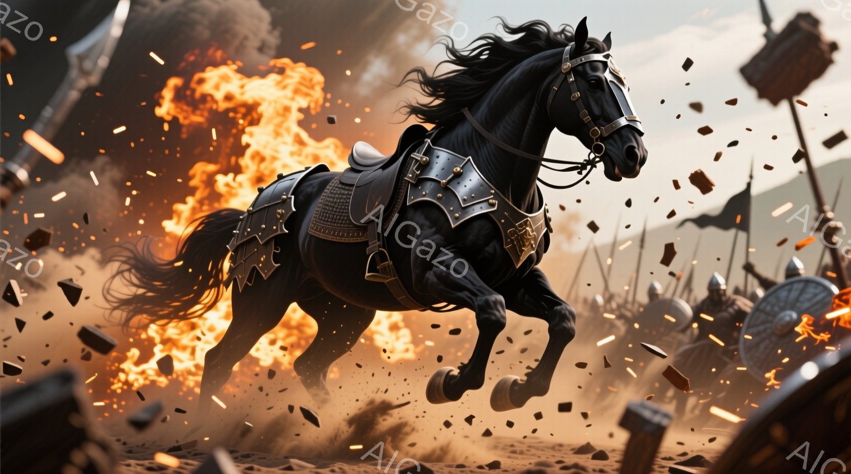 黒い馬が戦場を駆け抜けている。馬は鎧で身を固め、激しい戦闘の中を力強く疾走している。背景には炎が立ち込め、兵士たちが剣や盾を持って戦っている様子が描かれ、全体的に混沌とした、激しい戦いの雰囲気が漂う。