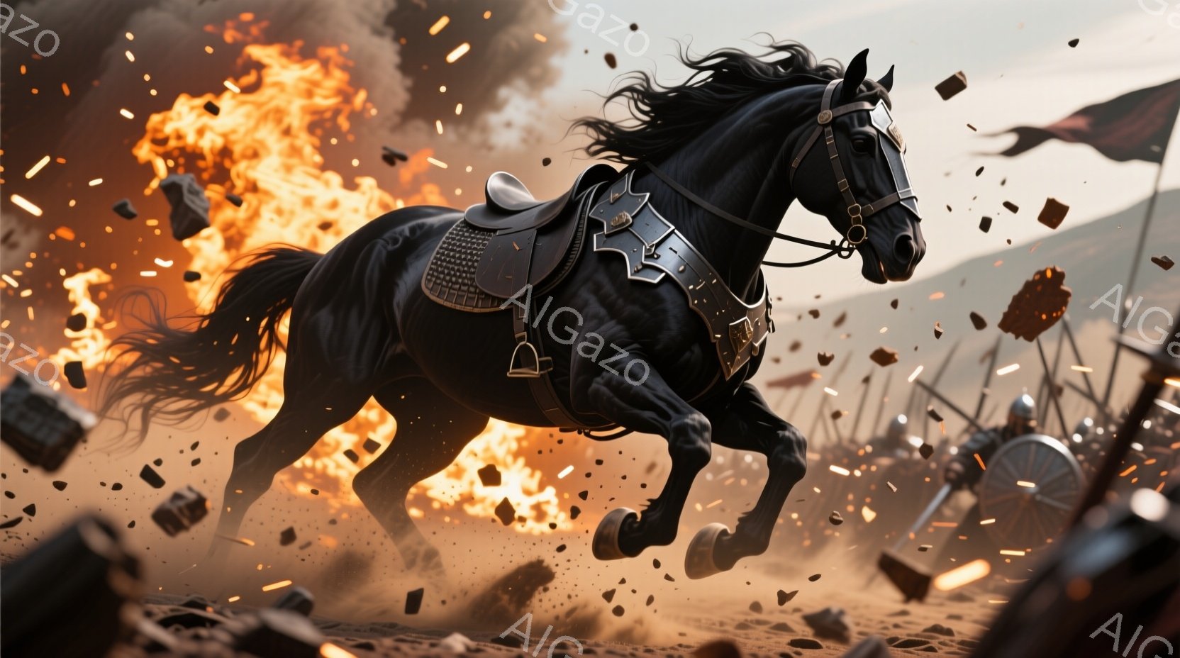 黒い軍馬が激しい戦場を駆け抜けている。馬は豪華な装飾が施された鎧を身に着け、激しい動きの中でたてがみが空中に舞い上がっている。背景には炎に包まれた建物や武器が散らばる戦場が広がり、全体的に激しく、ドラマチックな雰囲気を醸し出している。