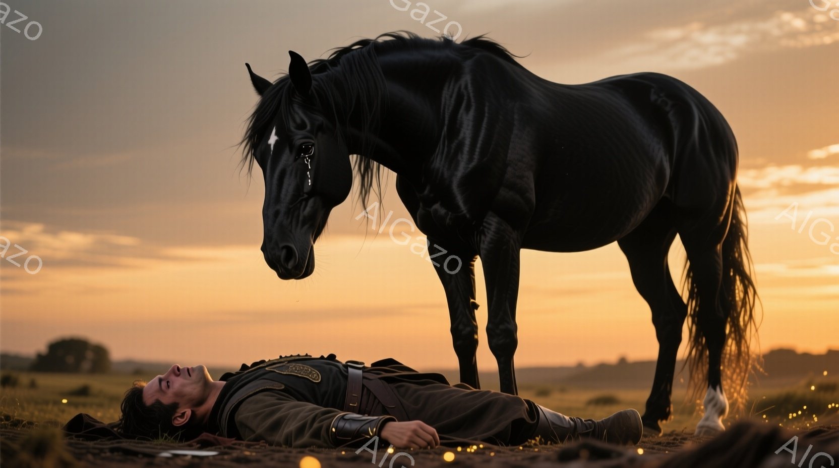 草原に横たわる男性と、その隣に立つ黒い馬が写っている。男性は軍服のような緑色の衣装を身につけ、革製の腕輪をつけている。夕焼け空の下、馬は男性を見下ろすように立っており、全体的に悲しみと静寂が漂う雰囲気である。