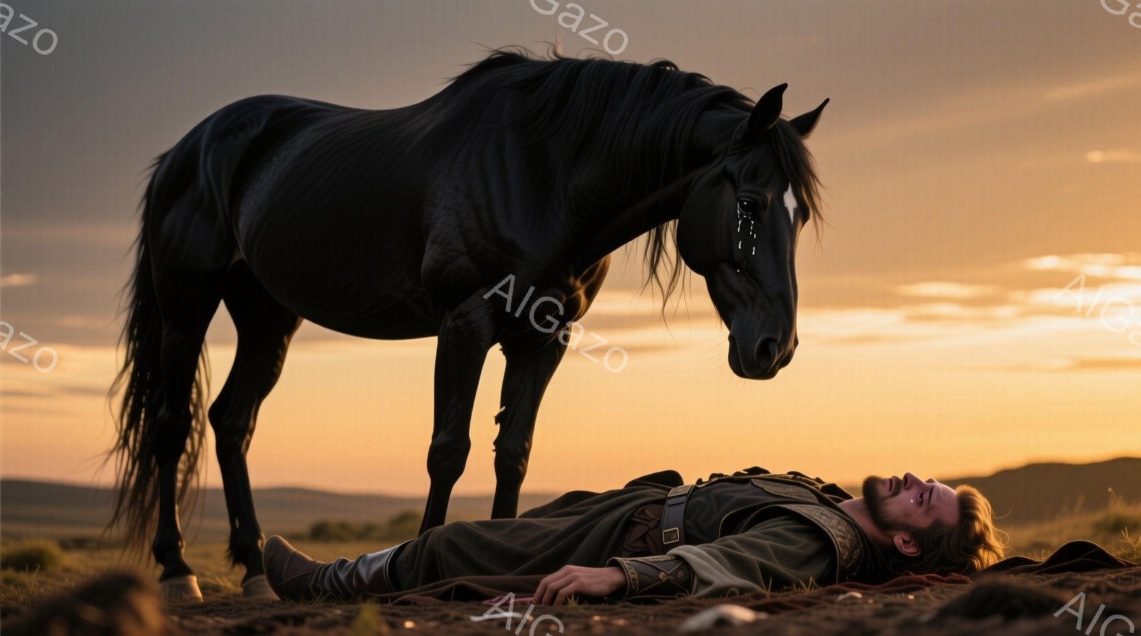 赤毛で髭を生やした男性が荒野に横たわり、緑色の衣装と革製のベルトを身に着けている。黒い馬が男性の傍らに立ち、彼の顔を見下ろしているように見える。背景は夕焼けに染まり、草原と遠くの丘が見え、全体的に悲しげで静謐な雰囲気を醸し出している。