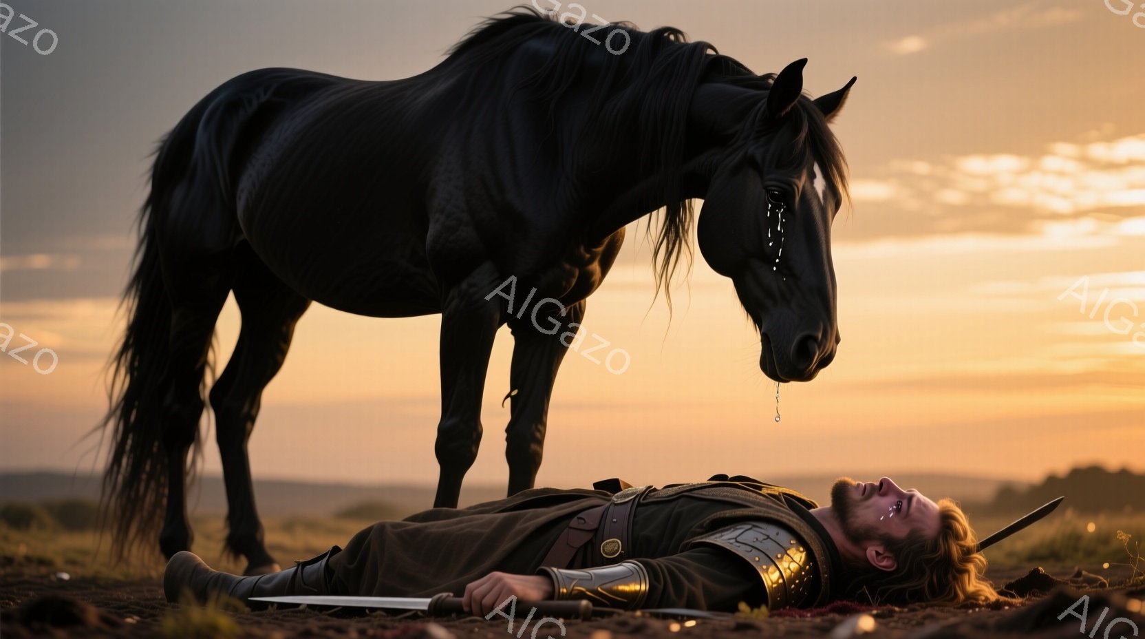 時代物語のようなシーンを描いているようです。中央に座った人物が、その周りを騎馬とともに警戒しているかのように見えます。人物は戦士のような格好で、破れた服や武器を持っています。 彼らは土地の中心に座り、背景は昼過ぎの空に山が見えるところで、雲のようなものが空に浮かんでいます。人物と馬の両者が注意深く黙っている表情は、戦術や行動を視察しているようにも見えます。緊張感や疑心が空気に漂っており、画像全体としては危機的な雰囲気が強く感じられるでしょう。