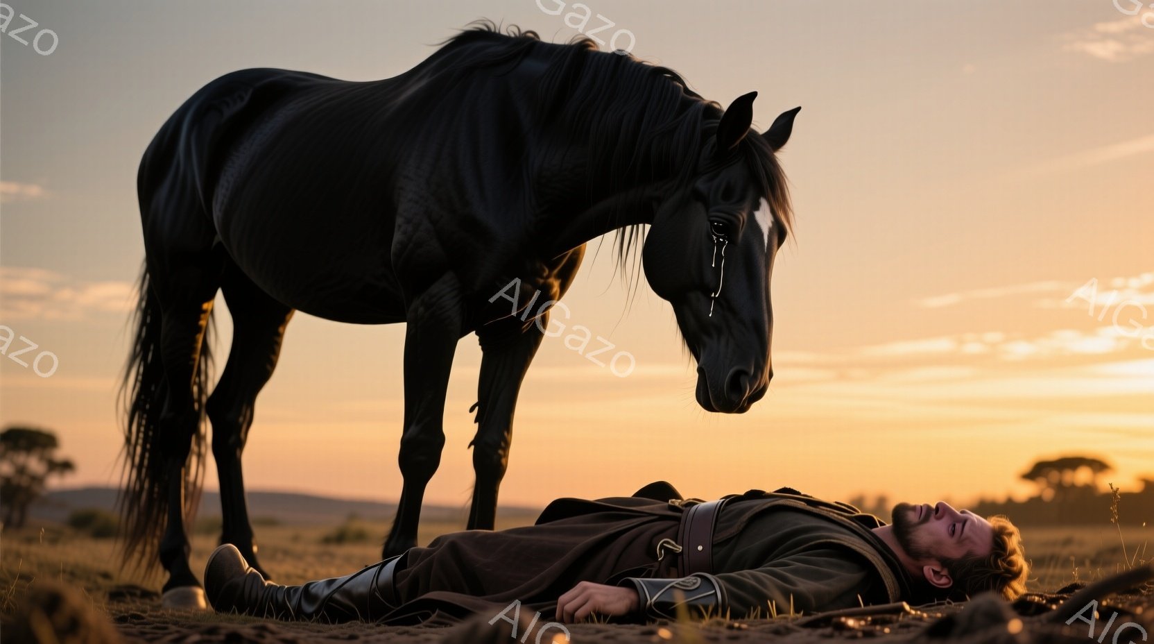 赤毛で髭を生やした男が、荒野の地面に横たわっている。彼は茶色の革のジャケットとズボンを着用し、ブーツを履いている。黒い馬が彼の頭のすぐそばに立っており、優しく彼を見下ろしている。背景は夕焼けに染まった - AI生成フリー素材