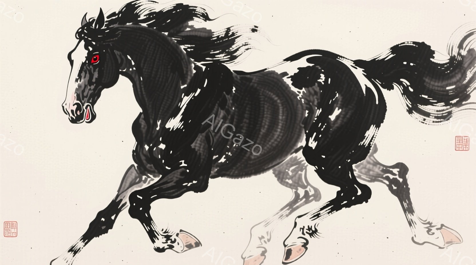 黒いインクで描かれた躍動的な馬が描かれている。荒々しい筆致で筋肉の隆起やたてがみが表現され、力強さと野生味が感じられる。背景は白く、馬の動きを強調し、疾走感とエネルギーに満ちた雰囲気を醸し出している。