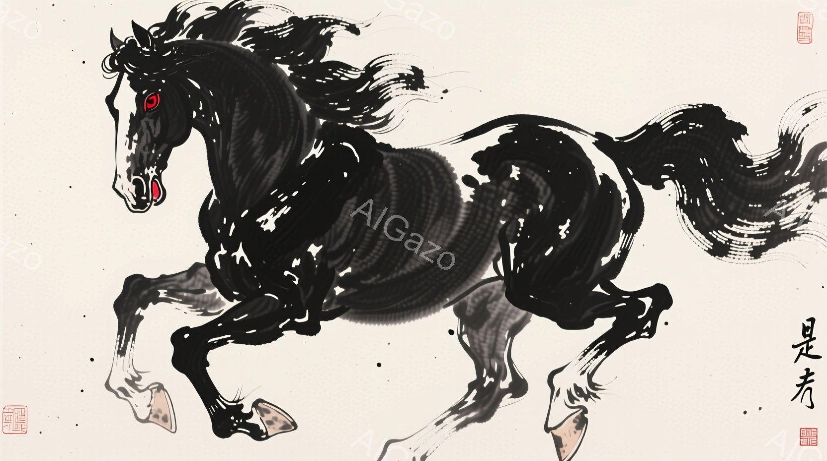 墨色の馬が躍動感あふれる姿で描かれている。筋肉質な体躯とたてがみ、尾の勢いから、疾走する様子が伝わってくる。背景は白く、馬の力強いシルエットが際立っている。