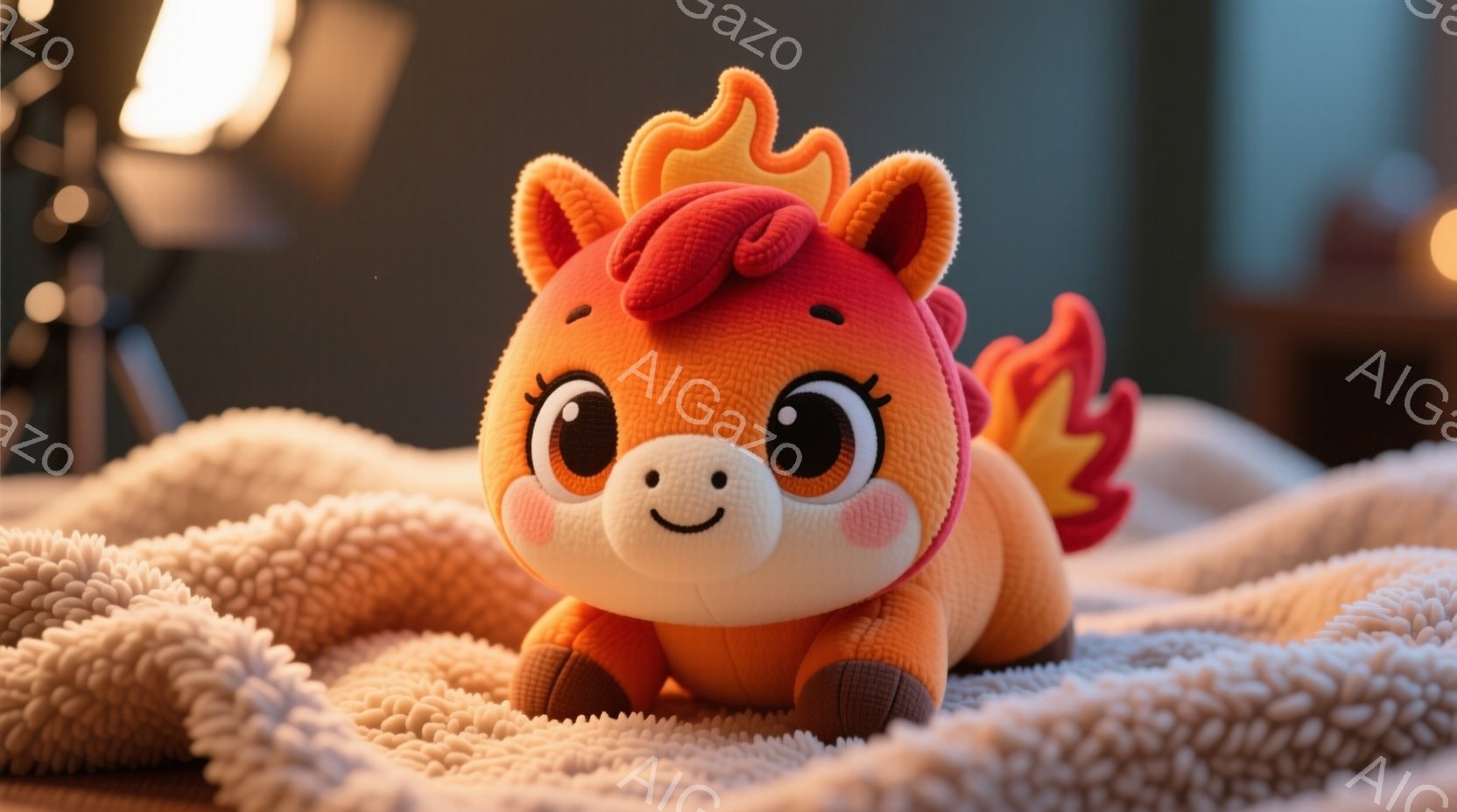 鮮やかなオレンジ色の小さなぬいぐるみ馬が、ふわふわとした白いタオルに置かれています。馬は大きな丸い目と、頬に赤いほてりを持っており、愛らしい表情をしています。背景にはぼやけた照明と家具が見え、暖かく、心地よい雰囲気を醸し出しています。