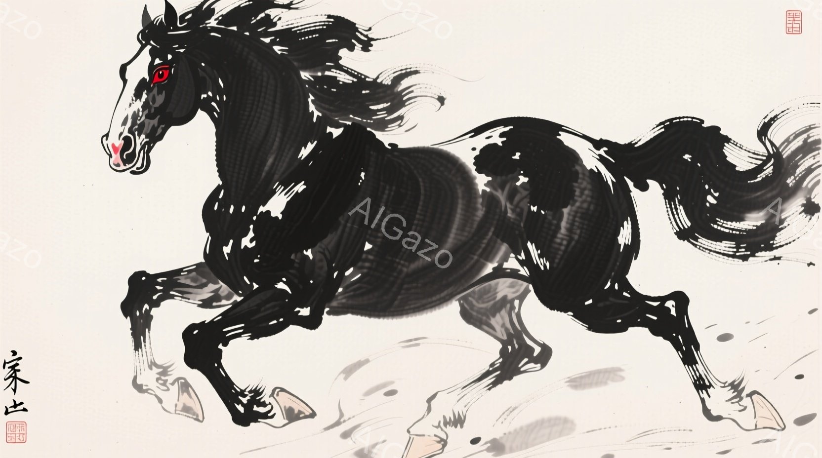 墨絵で描かれた黒い馬が躍動感あふれる姿で描かれている。馬は右方向に走り、たてがみと尾が風になびき、筋肉質な脚が力強く地面を蹴り上げている。背景は白地のままで、墨の濃淡で馬の形態が際立ち、力強さと優雅さを表現している。