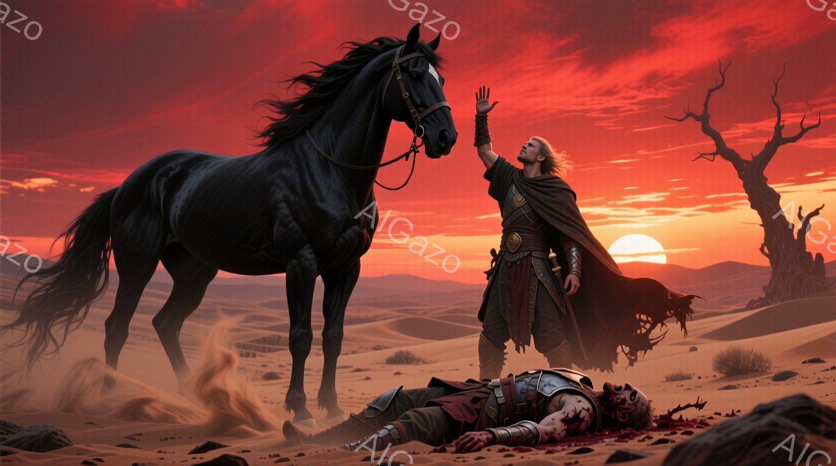 砂漠の中に、鎧を身に着けた負傷した兵士が横たわり、血だらけになっている。金髪で長い髪を後ろに束ねた男が、片手を天に挙げ、絶望と悲しみに満ちた表情で、黒い馬を見つめている。背景は燃えるような夕焼けと荒涼とした砂漠の風景で、枯れた木々が点在し、全体的に悲痛でドラマチックな雰囲気を醸し出している。