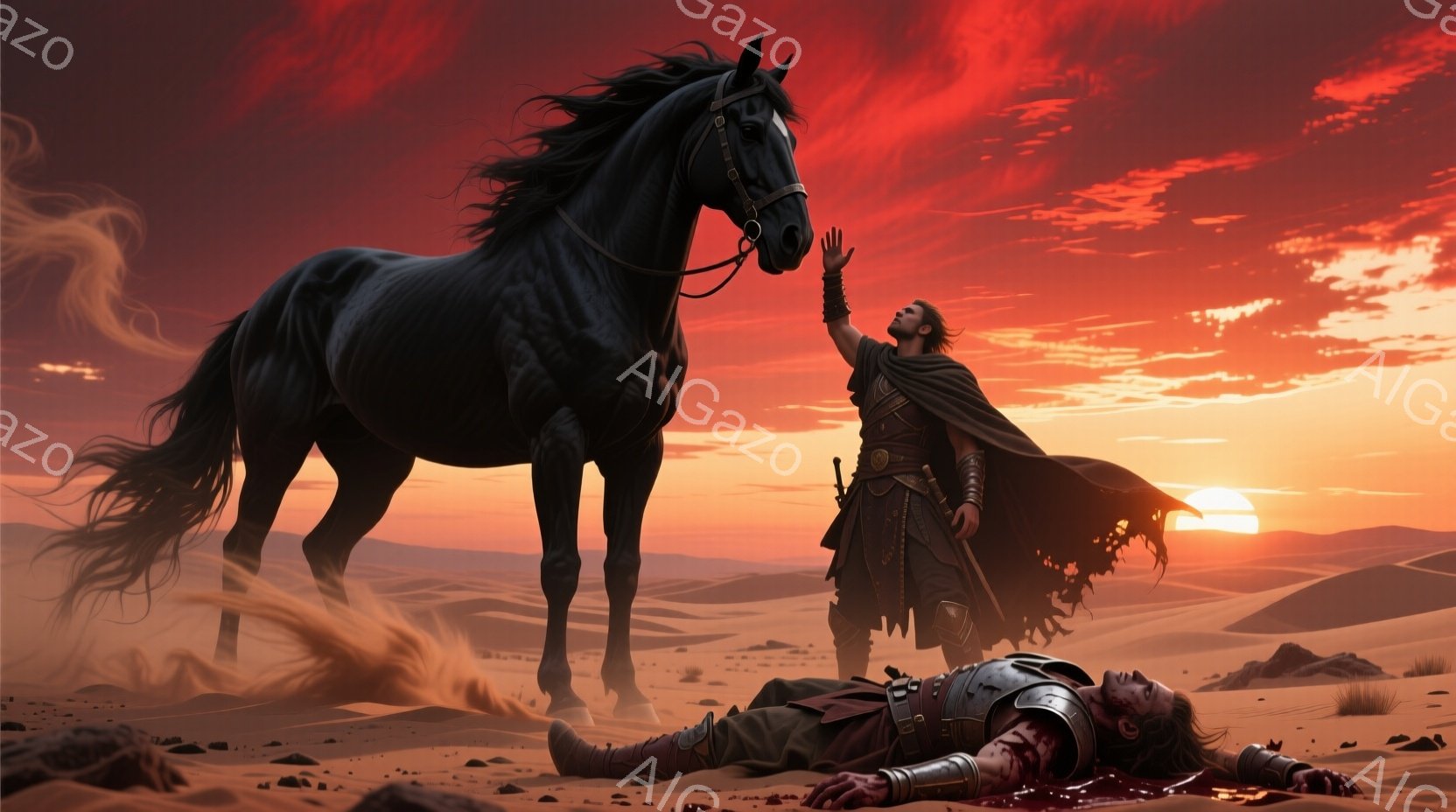 砂漠の中に、鎧を身につけた負傷した男が横たわり、血が流れている。背の高い黒馬が彼を見下ろし、片手を上げた男が馬に触れようとしている。夕焼けの空が赤く染まり、荒涼とした砂漠の風景が、悲しみと絶望的な雰囲気を醸し出している。