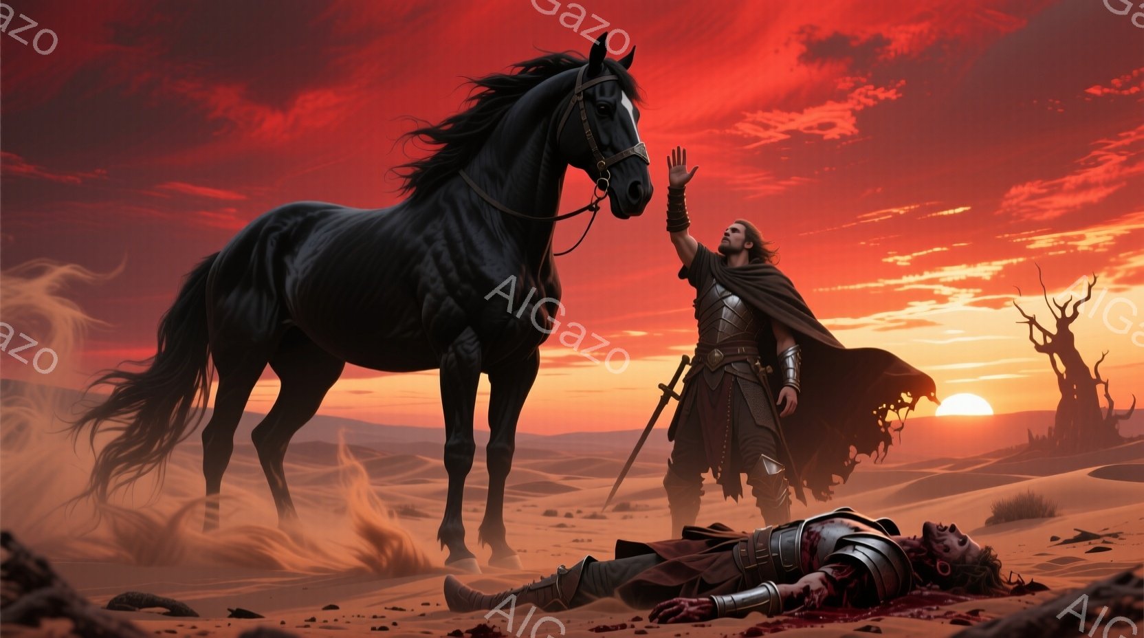 砂漠の中に、傷ついた兵士が横たわり、黒い馬のそばに騎士が立っている。騎士は長い髪を持ち、傷ついた兵士を見下ろし、片手を上げて悲しげな表情をしている。背景は燃えるような夕焼けで、荒涼とした砂漠の風景と枯れた木々が広がっており、全体的に悲しく、壮絶な雰囲気を醸し出している。