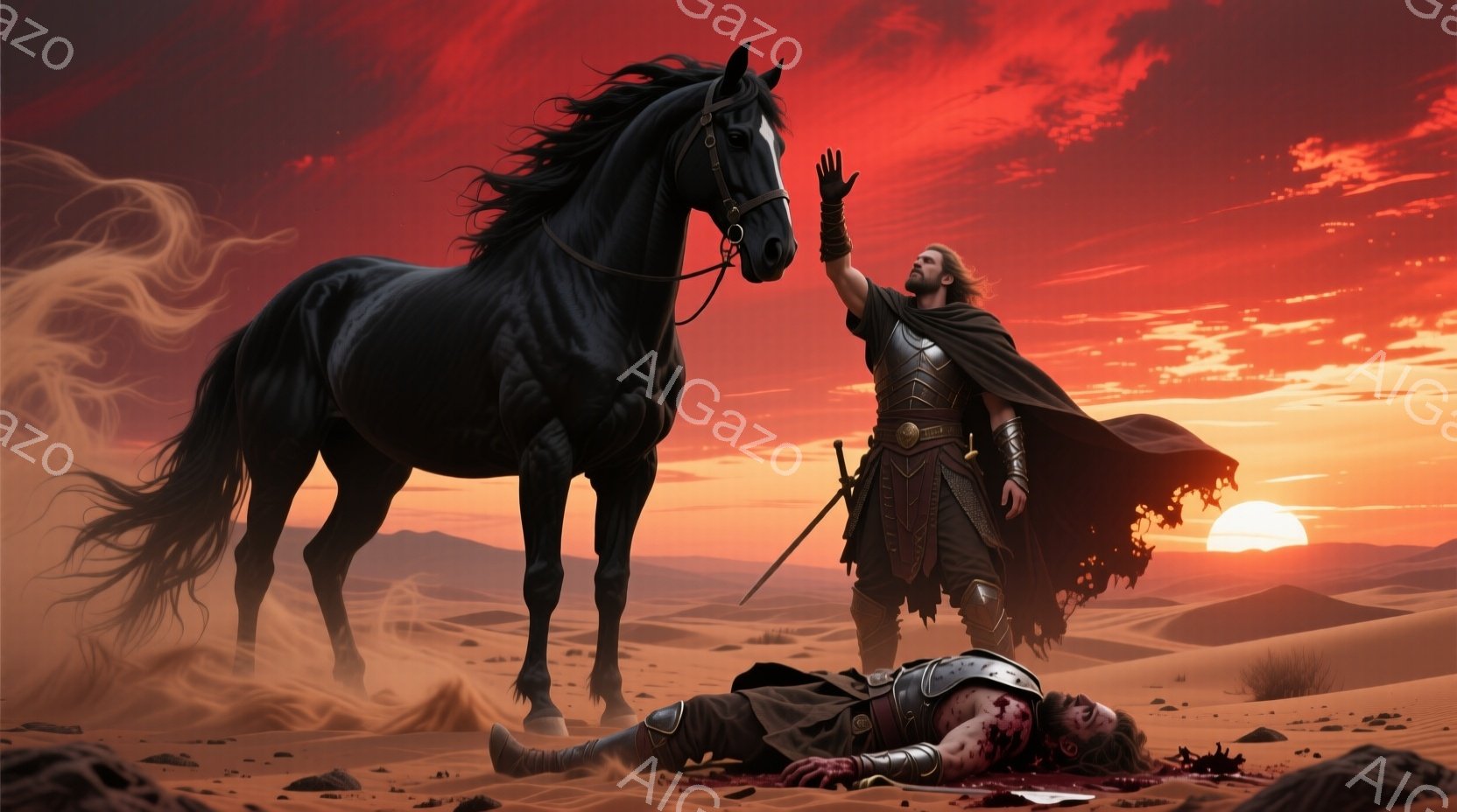 広大な砂漠の中に、傷ついた戦士が横たわり、傍らには黒い馬が立っている。戦士は革製の鎧とベルトを身につけ、長い髪と髭を持ち、苦悶の表情を浮かべている。燃えるような夕焼けが砂漠を赤く染め上げ、荒涼とした雰囲気を強調している。