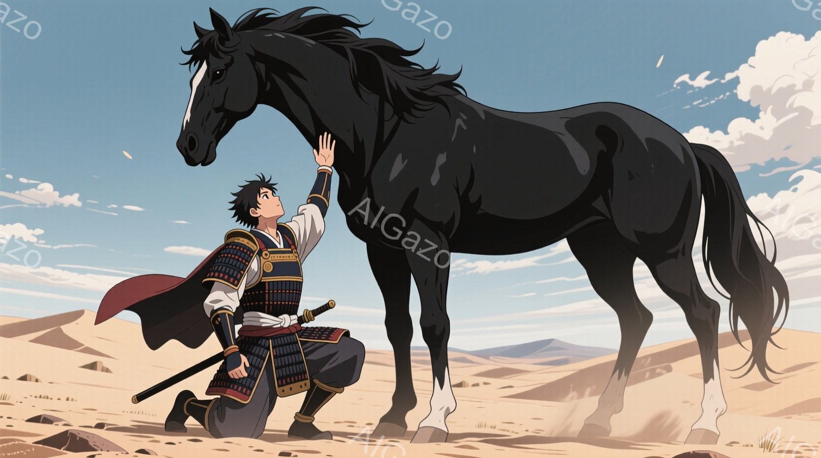 砂漠の中に、甲冑を身につけた若い武士が跪き、黒い馬の首を撫でています。武士は黒髪で、顔には決意と優しさが混ざった表情が見られ、赤い装飾が施された甲冑は精巧で、腰には刀が差されています。背景は広大な砂漠で、遠くには山々が霞み、空は晴れやかで、全体的に希望と冒険に満ちた雰囲気です。