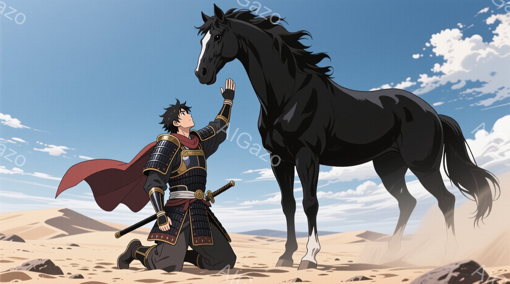 砂漠の中に、武士姿の男性が跪いて黒い馬に手を伸ばしています。男性は黒髪で、兜と鎧を身に着け、赤い布が背中に広がっています。背景には砂丘が広がり、晴天の下、空には雲が浮かんでいます。