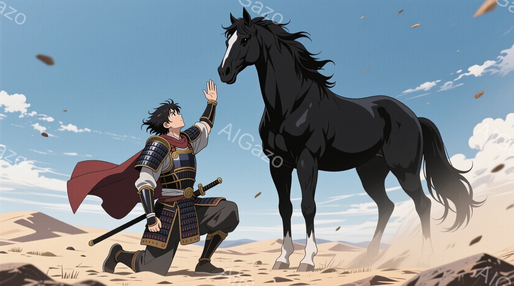 砂漠の中に跪く武士が描かれています。彼は黒い鎧と赤い装飾が施された袴を身につけ、片手に刀、もう片手を高く上げて何かを待ち望んでいるようです。背景には青空と砂丘が広がり、風が吹き荒れる様子が伝わってきます。