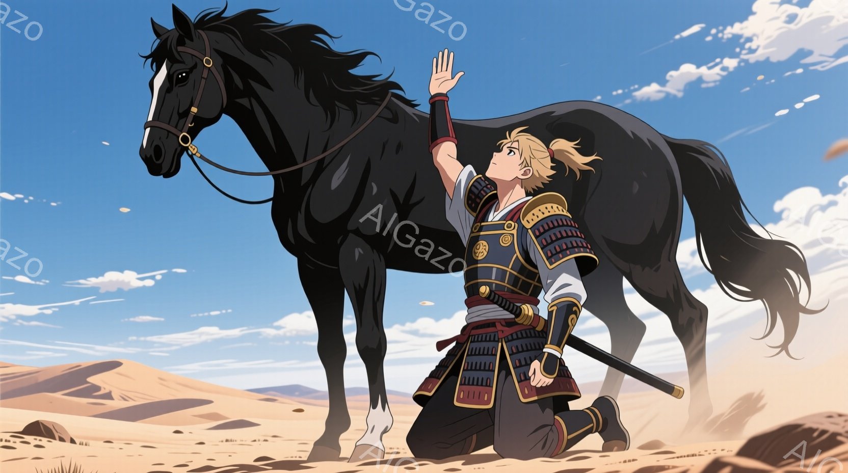 金髪の武士が跪き、黒い馬の隣に立っています。彼は伝統的な日本の鎧を着ており、片手を上げて何かを指し示しているようです。背景は砂漠地帯で、晴天の下、馬と武士には強い日差しが当たっています。