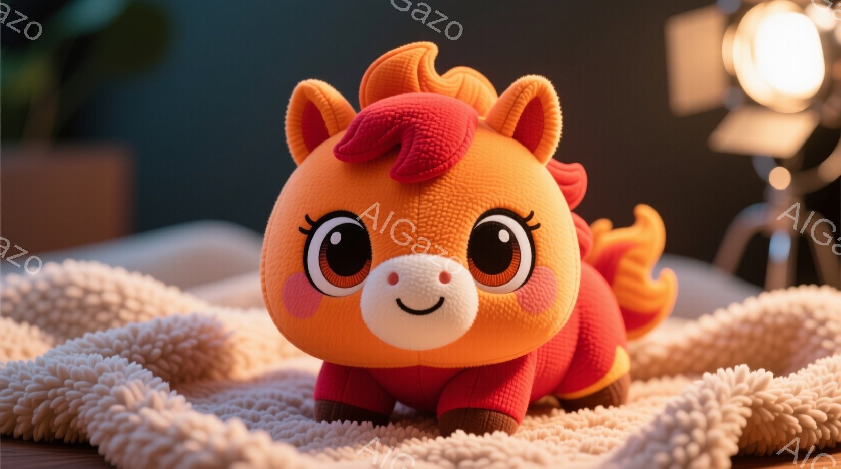 オレンジ色の愛らしいユニコーンのぬいぐるみは、赤いセーターと赤い尾毛で可愛らしく装われています。つぶらな瞳と微笑んだ表情は、温かく優しい雰囲気を醸し出しています。背景にはぼやけた室内が広がり、柔らかい - AI生成フリー素材