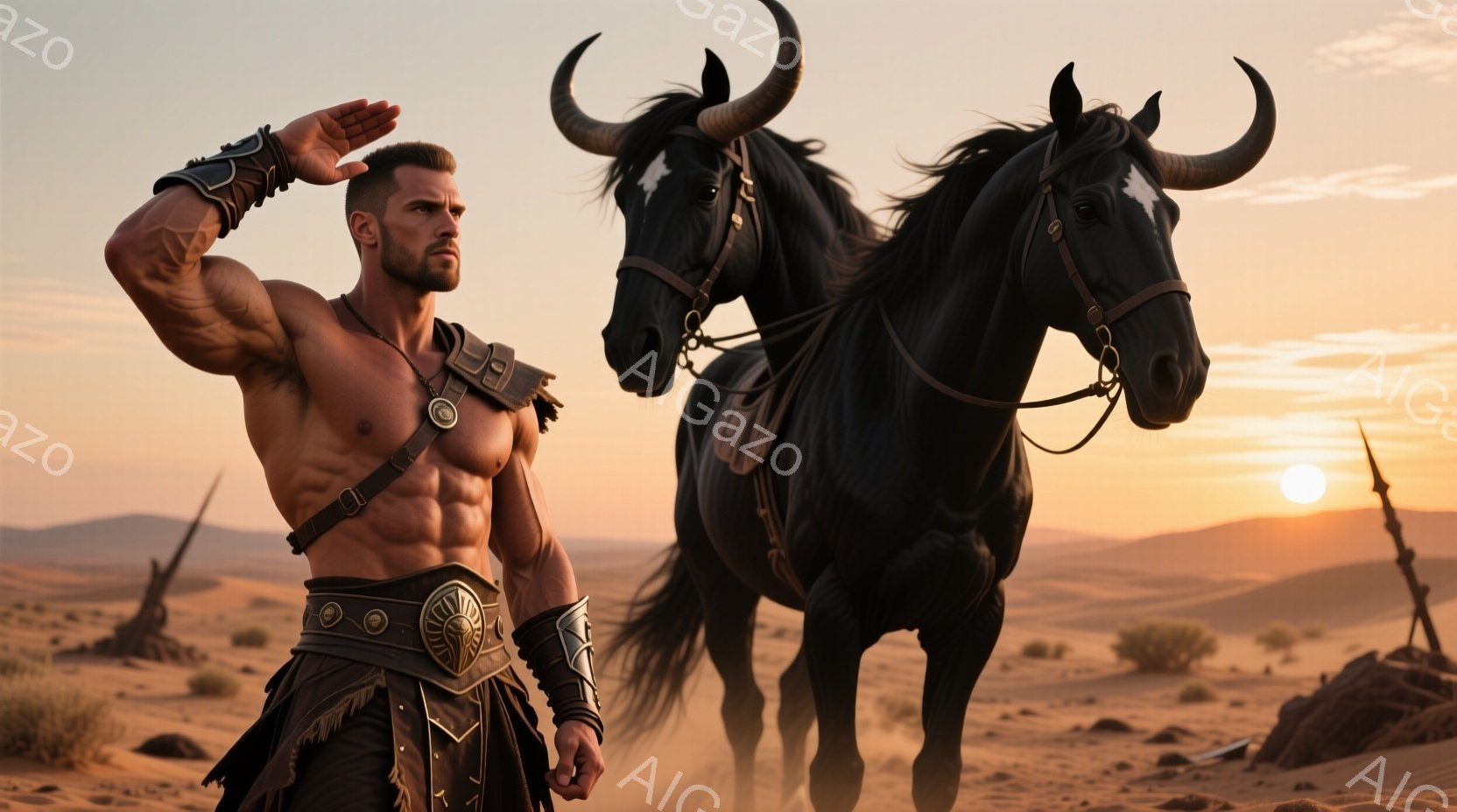 逞しい肉体を持つ男性が、砂漠を背景に立っており、古代の戦士を思わせる革製の鎧と装飾を身につけている。彼は片手を上げて、夕焼け空を眺めているようなポーズをとっており、その表情はどこか決意に満ちている。背景には、二頭の黒馬が歩いている姿が見え、砂漠の荒涼とした風景と夕日のオレンジ色の光が、力強く神秘的な雰囲気を醸し出している。