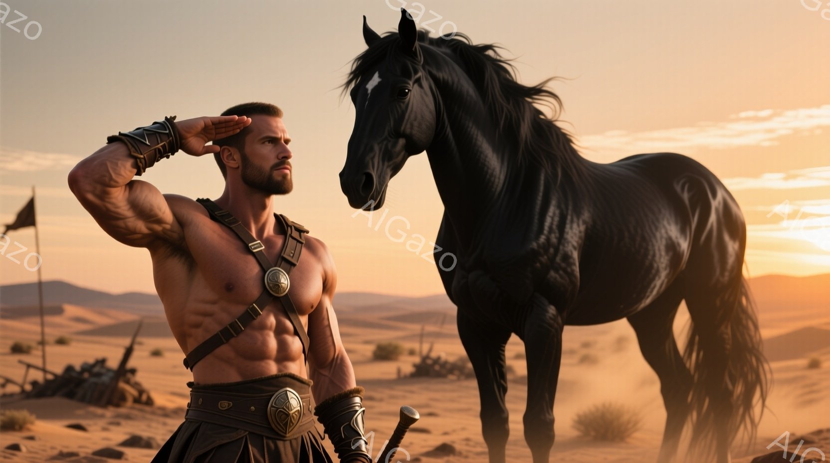 鍛え上げられた肉体を露出し、古代ローマ風の革製のハーネスを身に着けた男性が、片手を額に当てて遠くを見つめている。背景には砂漠が広がり、夕焼けのオレンジ色の光が砂丘を照らし、数本の旗がぼんやりと見える。黒い馬が男性の横に立ち、力強く堂々とした姿で、まるで戦場を駆ける英雄のようである。