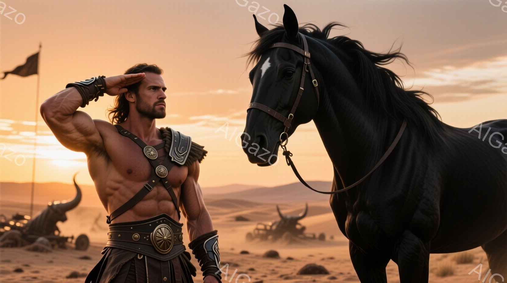 鍛え上げられた肉体を露わにした男性が、砂漠の中に立っている。彼は、肩と腕に装飾的な鎧を身につけ、腰にはベルトを締めている。背景には、夕焼けに照らされた砂漠と、遠くに見える奇妙な角を持つ乗り物が並んでいる。