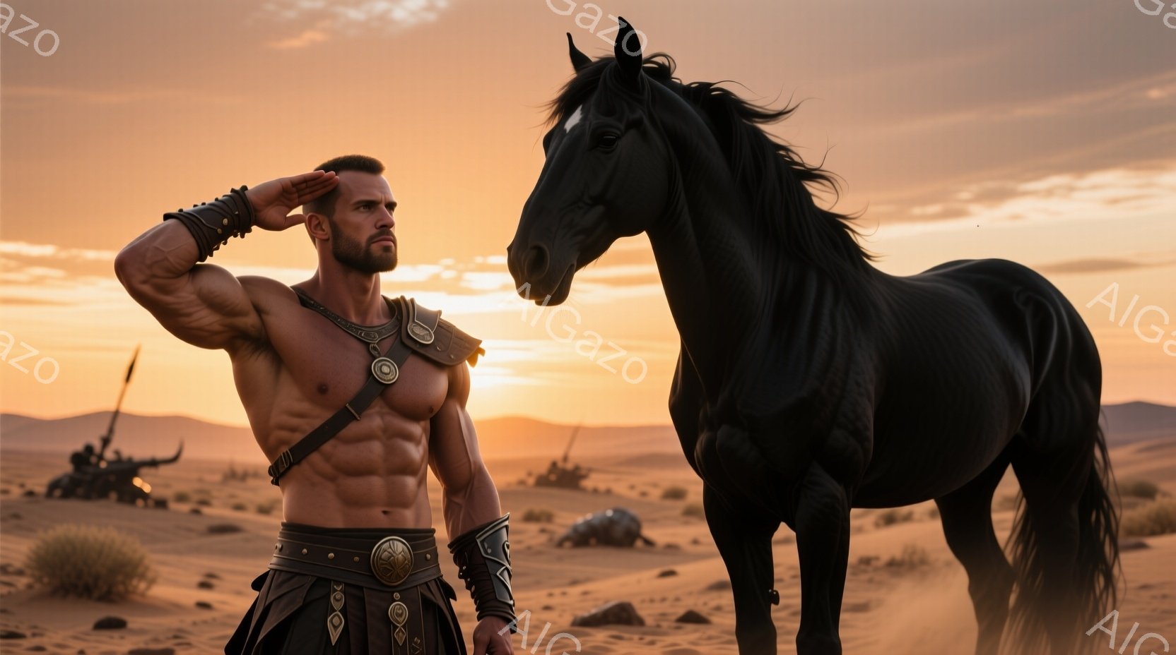 屈強な肉体をした男が、砂漠の夕焼けを背景に立っている。彼は肩から胸を露出した革製の鎧を身につけ、腰には装飾的なスカートを巻いている。背景には遠くに軍の陣営のようなものがぼやけ、乾燥した砂漠の風景が広がり、夕焼けが空をオレンジ色に染めている。