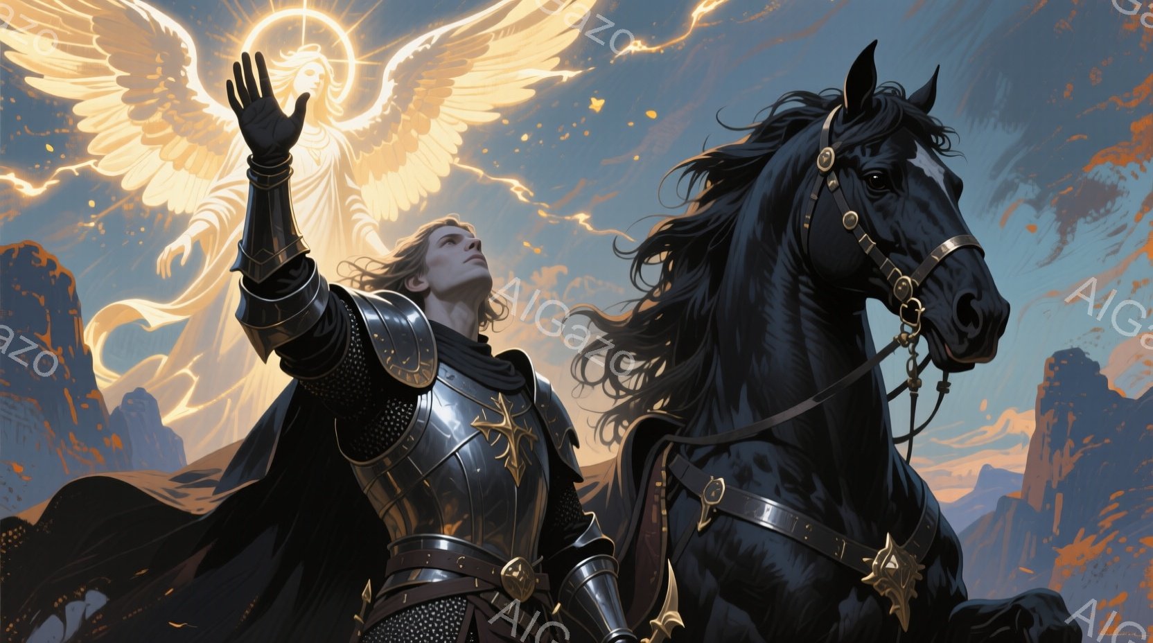 長い金髪をなびかせた騎士が、漆黒の馬に跨っている。彼は黒い鎧を身に着け、片手を天に向かって伸ばしている。背景には険しい山々と、黄金色の光を放つ巨大な鳥のような存在が描かれ、荘厳かつ希望に満ちた雰囲気を作り出している。