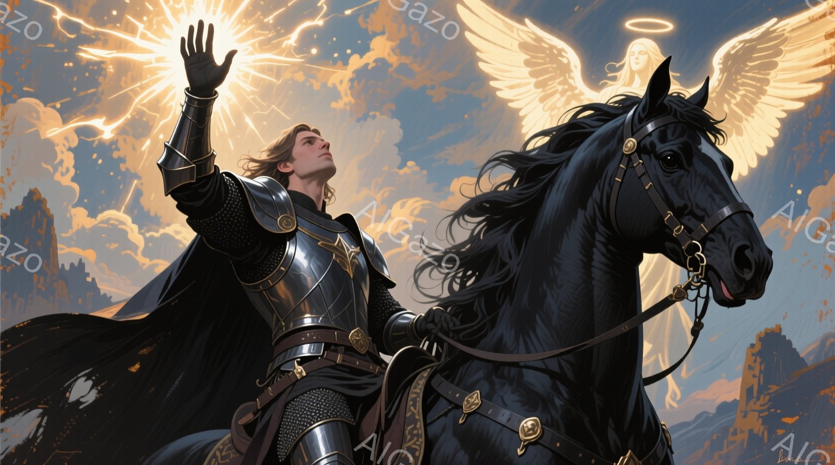 黒い馬に乗った騎士が描かれています。彼は輝く鎧を身に着け、片手を空に向けて掲げています。背景には険しい山々と、天使のようなシルエットが見え、全体的に神聖で力強い雰囲気です。 - AI生成フリー素材