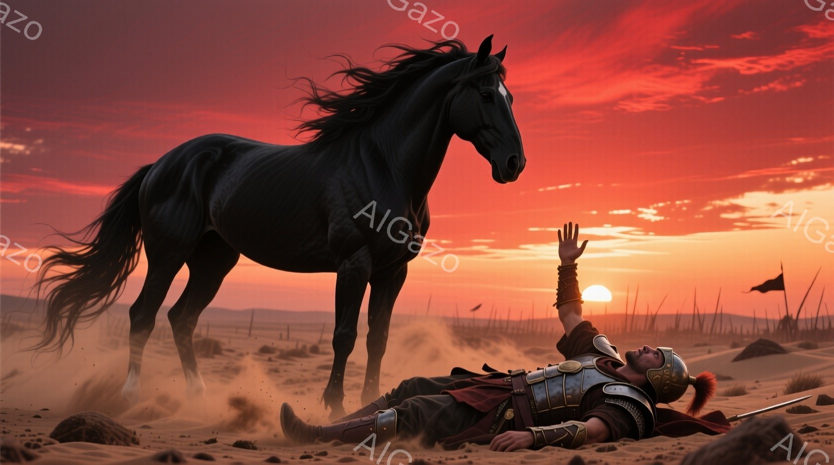 広大な砂漠地帯で、ローマ兵のような男が横たわり、片手を上げて助けを求めている様子が描かれている。彼は赤い羽根飾り付きの兜を被り、革と金属製の鎧を身につけており、顔には苦痛と絶望が滲み出ている。背景には夕焼けに照らされた砂丘が広がり、遠くには旗が立っている。