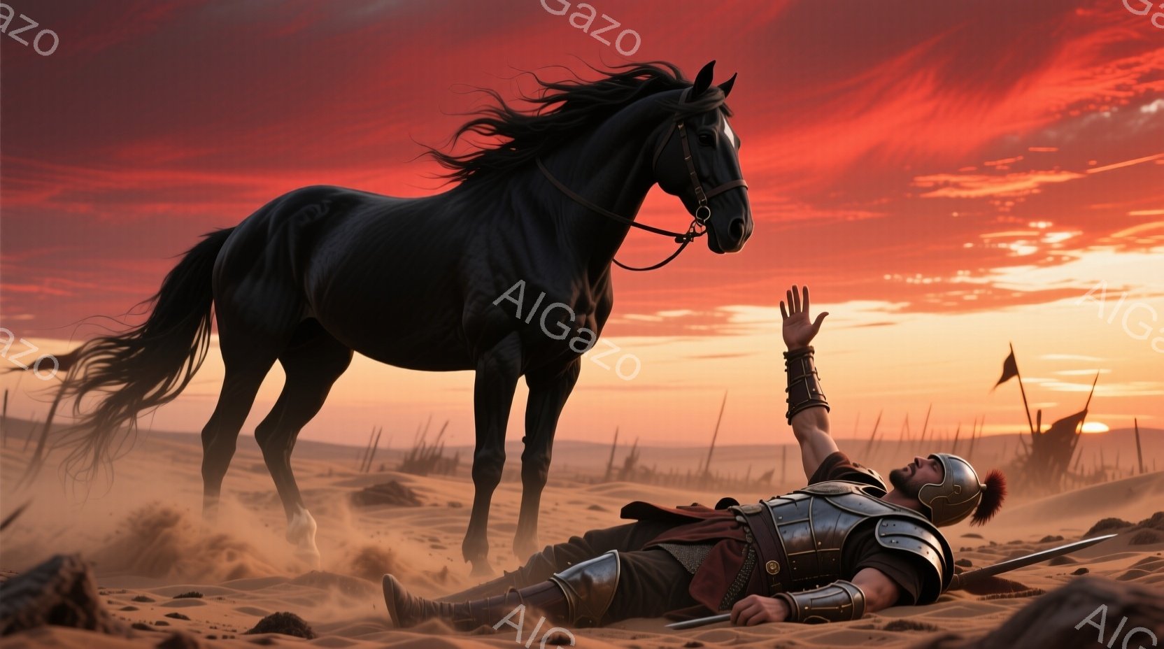 砂漠の地面に横たわるローマ兵が描かれており、深い赤色のチュニックと金属製の鎧を身に着けている。彼は片手を上げ、苦痛または絶望の表情を浮かべているようだ。背景には、夕焼けに照らされた砂漠と、遠くに見える旗と兵士がおり、全体的に悲劇的でドラマチックな雰囲気を醸し出している。