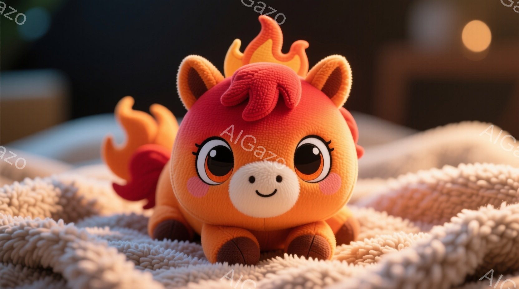 鮮やかなオレンジ色の愛らしいユニコーンのぬいぐるみです。大きな丸い瞳と小さな笑顔が可愛らしく、たてがみと尾は炎のようなオレンジと赤のグラデーションになっています。背景はぼやけた暖色系の布地で、ぬいぐる - AI生成フリー素材