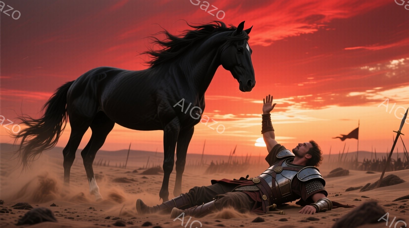 砂漠の中に横たわる男は、傷を負っているようで、疲労困憊している表情をしている。彼は革製の鎧と肩当てを身につけ、長くカールした髪を持ち、片手を空に向かって伸ばしている。背景には、夕焼けに照らされた荒涼とした風景が広がり、遠くには旗が立っており、黒い馬が彼のそばに立っている様子から、激しい戦いがあったことを示唆するような雰囲気がある。