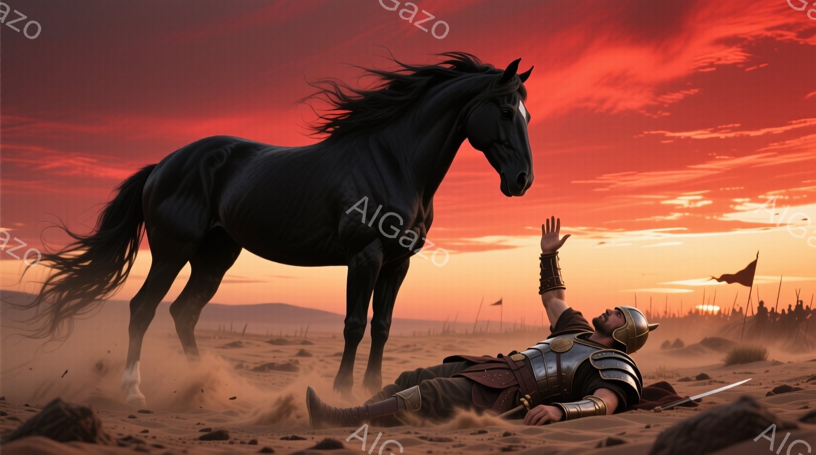 砂漠の風景の中に、倒れた兵士と黒い馬が描かれている。兵士はローマ風の鎧を身につけ、顔には苦痛の表情が見られず、片手を伸ばして馬に触れようとしている。背景は夕焼けに染まり、遠くに小さな旗と兵士の群れが見え、全体的に壮大で悲しげな雰囲気が漂っている。