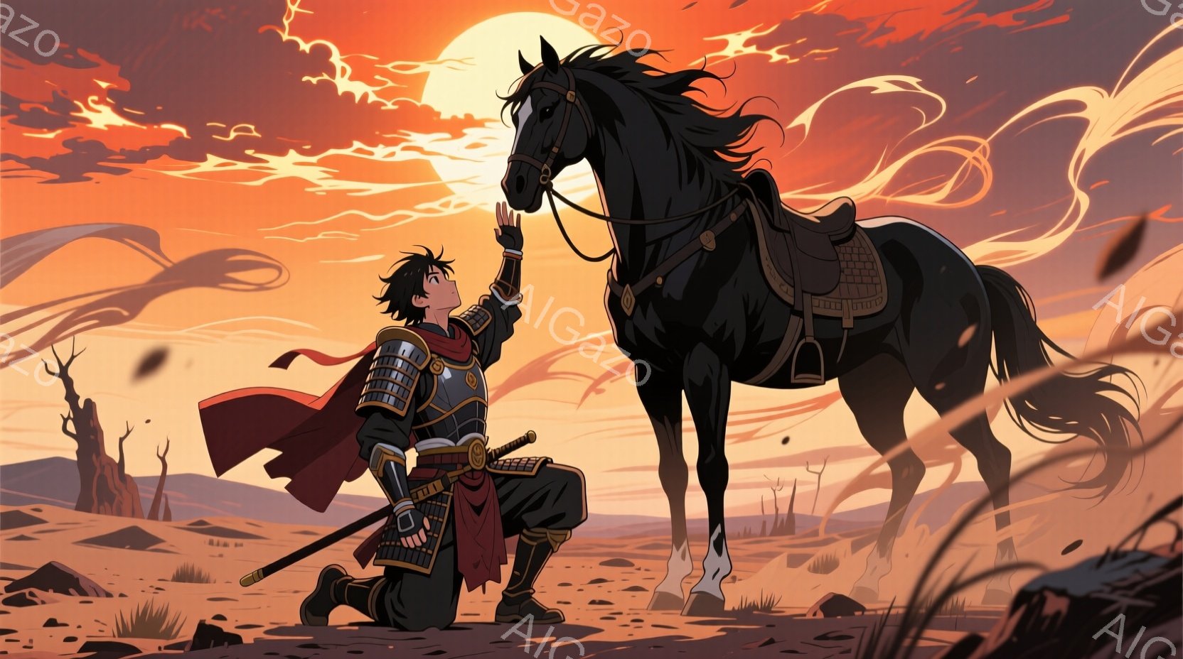 武士が膝をつき、片手を天に向けて祈るような姿勢をとっています。赤い装飾が施された鎧を身に着け、侍大将の風格があります。背景は荒涼とした大地で、遠くには枯れ木が見え、燃えるような夕焼け空が広がっています - AI生成フリー素材