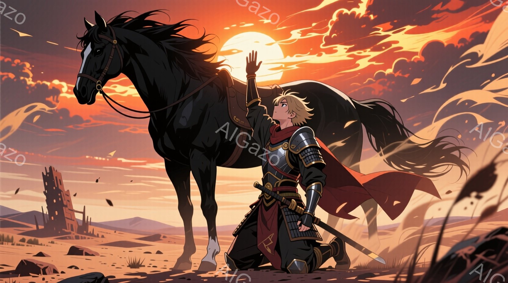 砂漠のような荒野に、甲冑を身に着けた金髪の人物が跪き、片手を空に向けています。背後には、白と黒の足を持つ巨大な黒馬が立っており、人物を見下ろしています。燃えるような夕焼け空の下、遠くには崩れた塔のような建造物が見え、全体的に力強く、どこか悲しげな雰囲気を漂わせています。