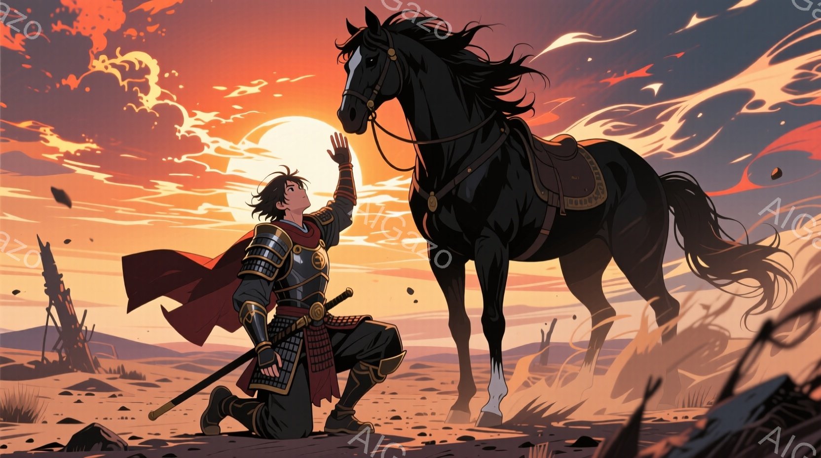 荒野に跪く武士と、その傍らを誇らしげに歩む黒馬が描かれている。武士は赤い装飾の付いた鎧を身に着け、片膝をついて手を伸ばし、黒馬を見上げている。背景には夕焼けのような赤い空と、遠くに見える焼け野原が広がり、力強くもどこか寂しげな雰囲気を醸し出している。