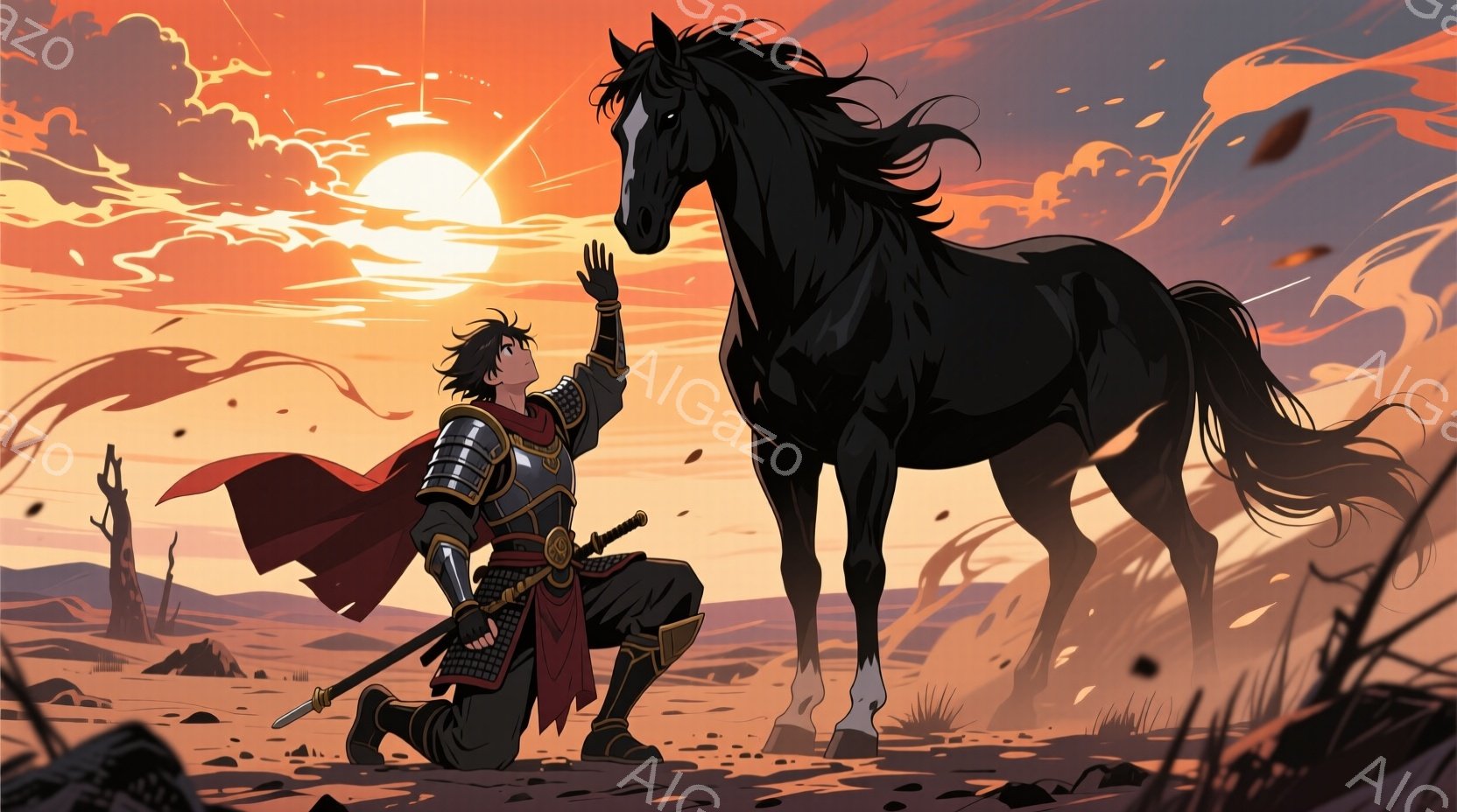 跪く武士は、赤と茶色の装甲を身につけ、黒い髪を無造作にまとめ、右手を空に向けています。背景は燃えるような夕焼け空と荒涼とした大地で、遠くには枯れた木々が見え、力強く立つ黒い馬が印象的です。 全体的に、希望と決意を感じさせる壮大な雰囲気を持っています。