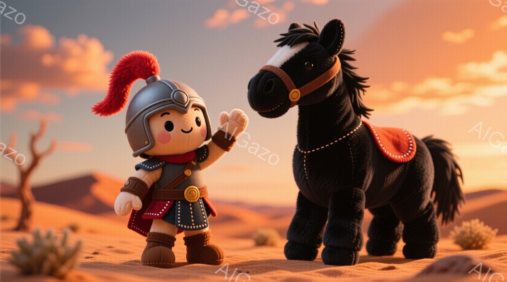 砂漠の中に立つローマ兵風の小さな人形と黒い馬が描かれています。人形はヘルメットをかぶり、赤い羽根飾りをつけて、笑顔で片手を上げています。背景には砂丘とまばらな低木が見られ、夕焼けのような暖色系の空が広がり、穏やかで幻想的な雰囲気を醸し出しています。