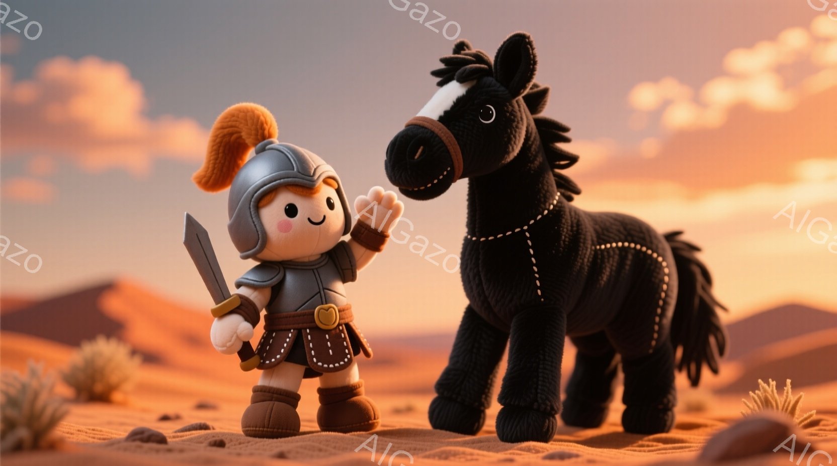 砂漠の風景の中に、甲冑を身につけた小さな騎士と黒い馬が立っている様子を描いています。騎士はオレンジ色の髪で、笑顔で片手を上げており、短い剣を持っています。背景には砂丘と植物が見え、夕焼けのような暖かい光が全体を包み込み、ファンタジーのような穏やかな雰囲気を醸し出しています。