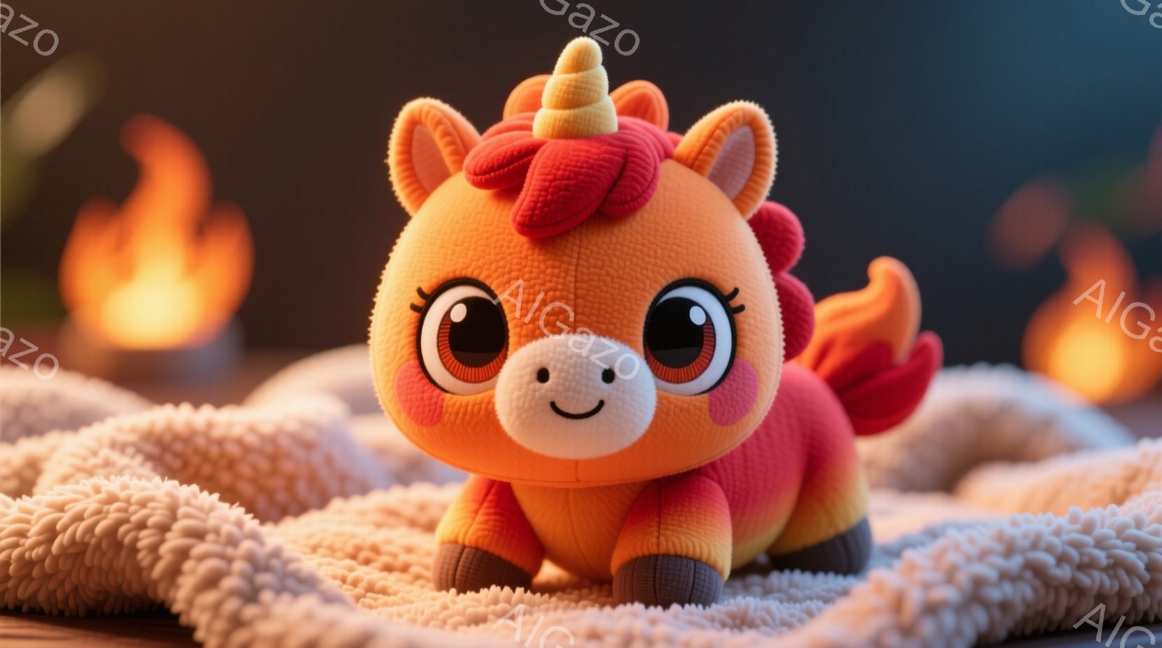 明るいオレンジ色のユニコーンのぬいぐるみは、ふかふかの白い毛布の上に座っています。大きな丸い瞳と優しい笑顔が特徴で、たてがみと尻尾は赤とオレンジのグラデーションになっています。背景にはぼんやりと光る炎が見え、暖かく優しい雰囲気を醸し出しています。