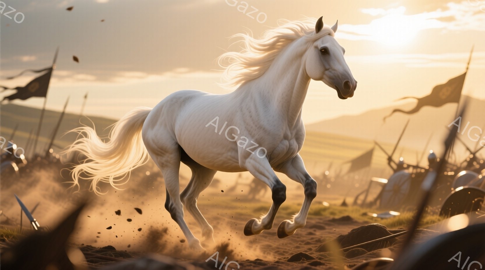 白い馬が土埃を巻き上げながら疾走している様子が描かれている。背景には、戦列をなす兵士たちの姿と、夕焼け空が広がり、激しい戦闘の最中であることを暗示している。馬のたてがみと尾は風になびき、力強く前進する姿は、勇壮さと緊張感が入り混じった雰囲気を醸し出している。