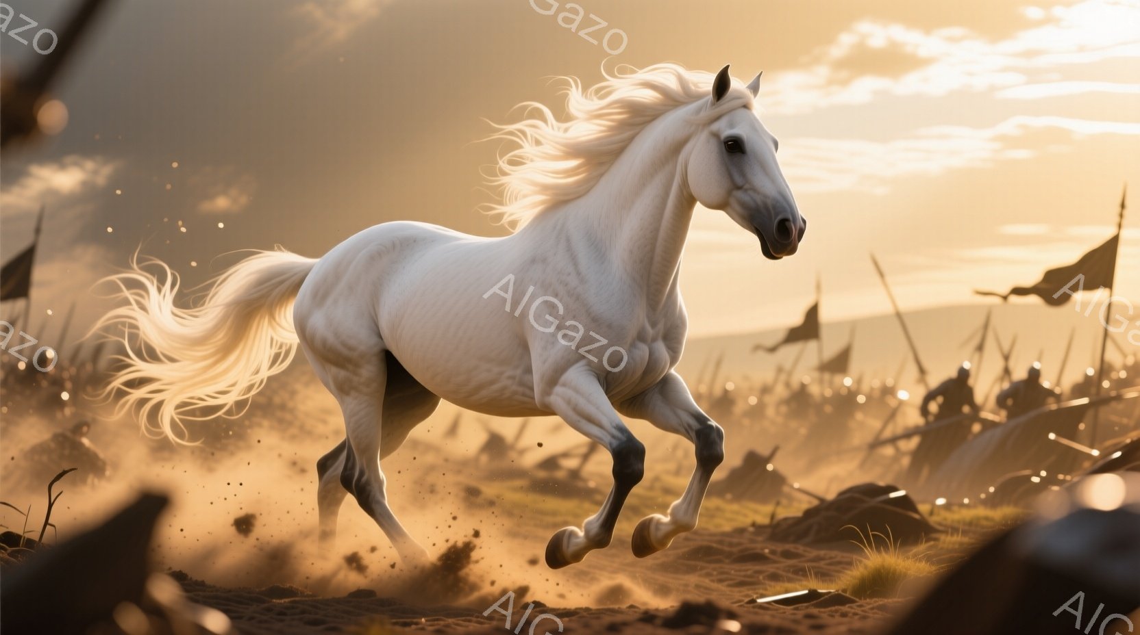 白い馬が荒野を疾走している姿が捉えられています。馬のたてがみと尾は風になびき、力強く大地を蹴り上げています。背景にはぼやけた兵士たちの群れと、夕焼けのようなオレンジ色の空が広がり、躍動感と壮大な雰囲気 - AI生成フリー素材