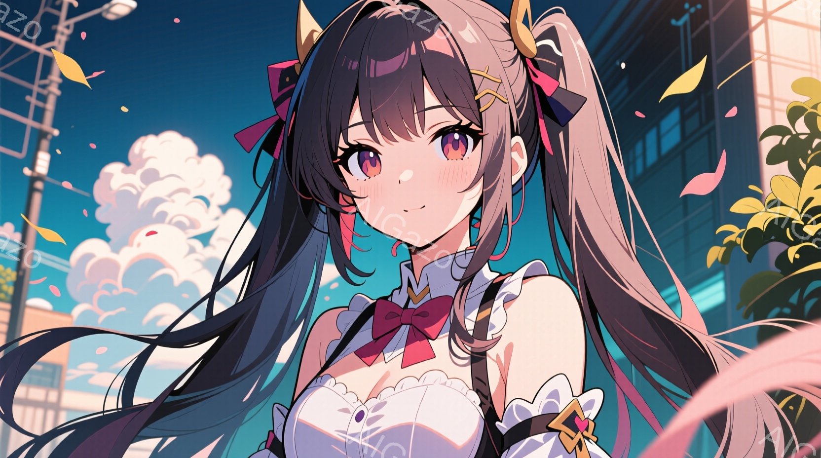 長い黒髪をツインテールにし、ピンクのリボンと装飾が施された少女が描かれている。白いフリルのついた可愛らしいワンピースを着ており、少し頬を赤らめて微笑んでいる。背景には青空と白い雲、そして建物のシルエットが見え、穏やかで少し幻想的な雰囲気を感じさせる。