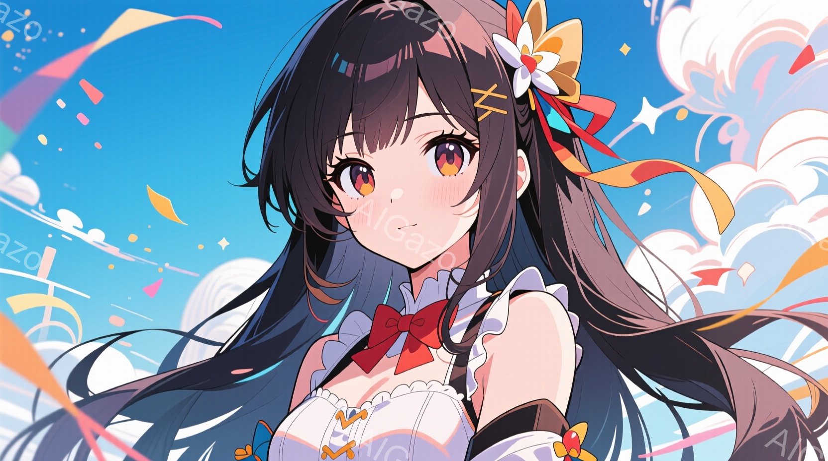 長い黒髪に赤いリボンと白い花の髪飾りをつけた少女が描かれています。オフショルダーの白いフリル付きドレスに赤いリボンがアクセントになっており、少し照れたような表情を浮かべています。背景は水色と白のグラデ - AI生成フリー素材