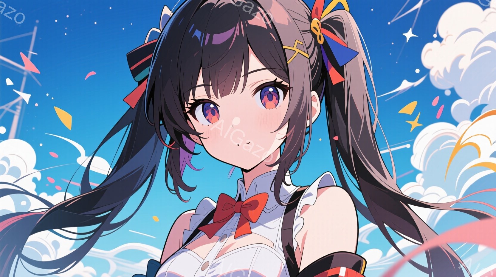 長い黒髪で、左右に分けてリボンで結ばれた少女が描かれています。白いシャツに赤いリボンと黒い装飾が施された衣装を着ており、少し上目遣いで微笑んでいます。背景は青空に雲が流れ、カラフルな紙吹雪が舞い散る、 - AI生成フリー素材